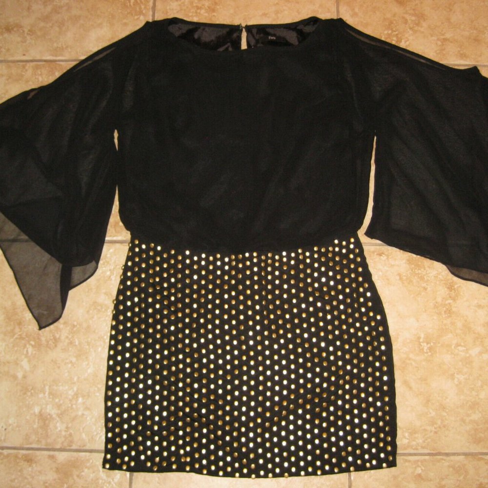 Fora Angl Black Tic Toc Gold Bead Open Sleeve Chiffon Mini Dress Size Small NWT
